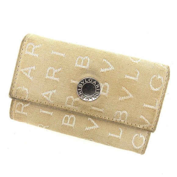 Bvlgari Key holder Logo Mania Beige Silver Woman unisex Authentic Used Y7602 - Picture 1 of 6